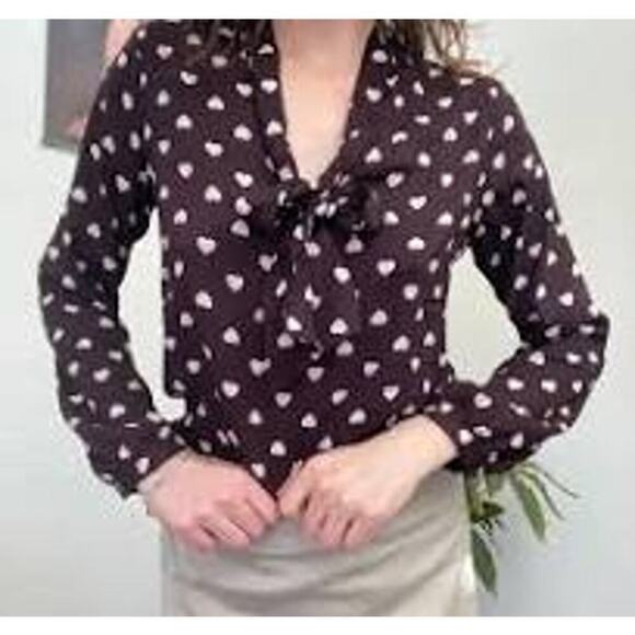 Ann Taylor Loft Women's Black Blouse with Hearts, Tie Neck, Petite Small, Office - Picture 1 of 10